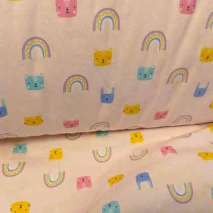 Rainbows and Kittens on Light Pink FLANNEL | Fabric Design Treasures