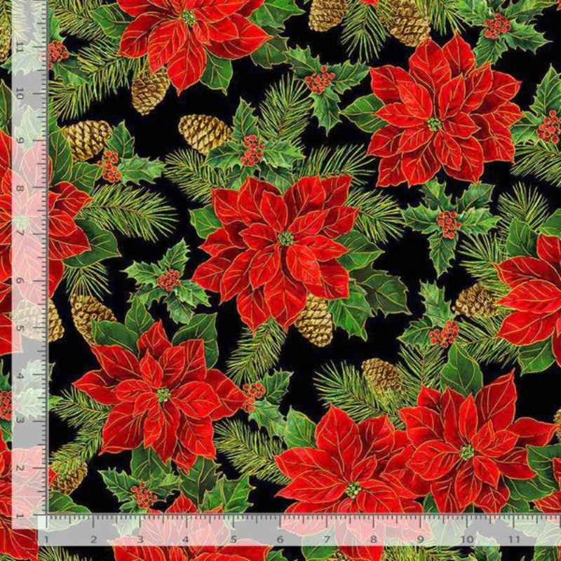 Red Poinsettia on Black, Deck the Halls, Timeless Treasures | Fabric Design Treasures