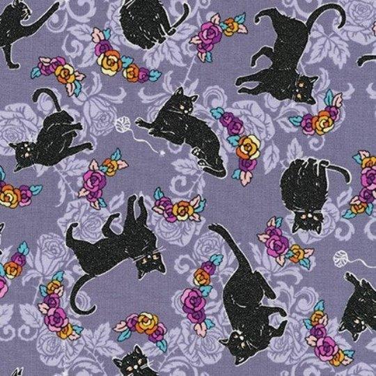 Robert Kaufman, Cat Fabric, Black Cat on Lavender, Glitter Fabric | Fabric Design Treasures