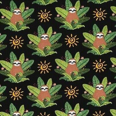 Sloth Fabric, Happy Sloth Cotton Fabric in Cream or Black | Fabric Design Treasures