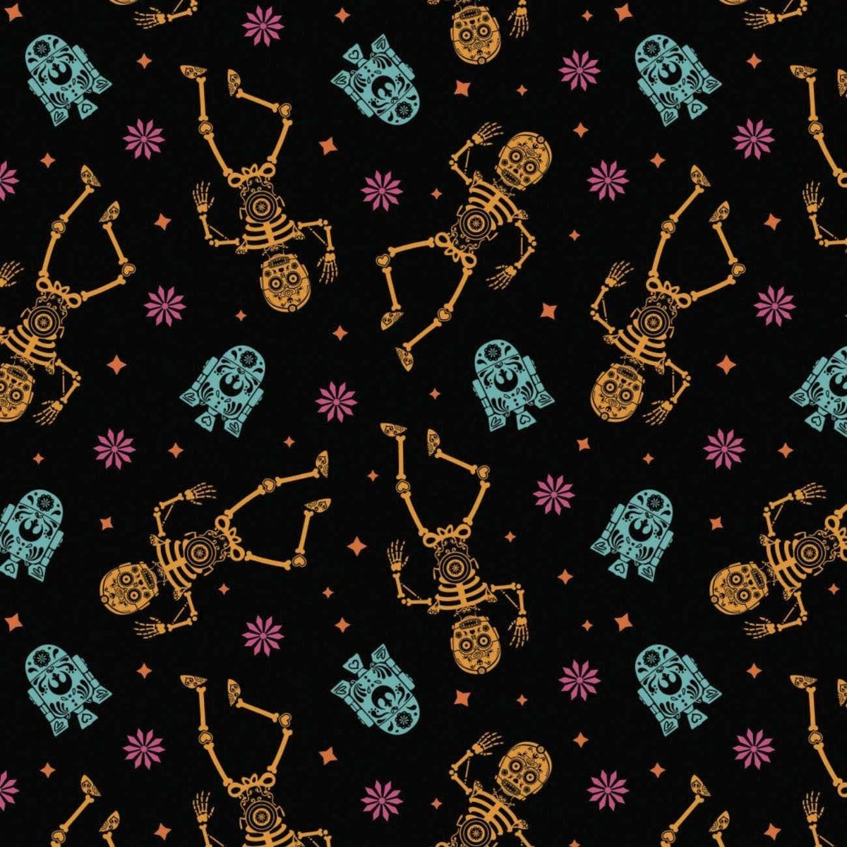 Star Wars Fabric Tossed Sugar Droids on Black | Fabric Design Treasures