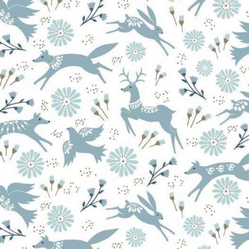 Starlit Hollow (Gold Metallic) Hare, Reindeer on White | Fabric Design Treasures