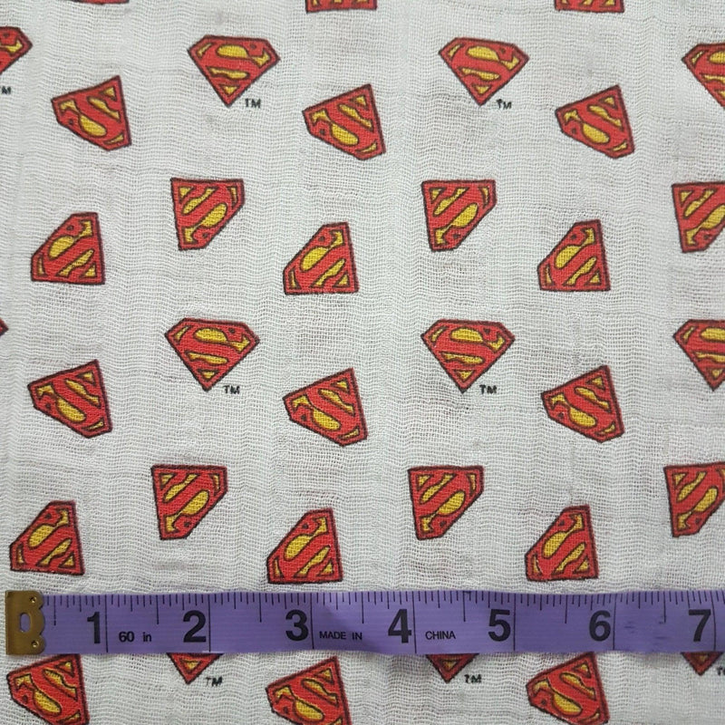 Superman Double Gauze Fabric Emblem on White | Fabric Design Treasures