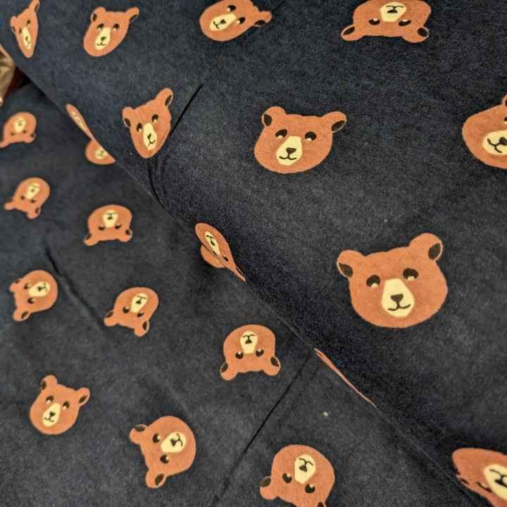 Toss Bear FLANNEL fabric, Toss Bear Head Flannel in Dark Navy | Fabric Design Treasures