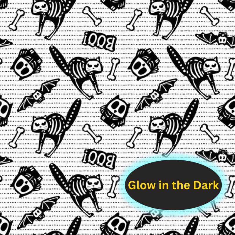 Tossed Bones on White Background - Glow In the Dark Fabric | Fabric Design Treasures