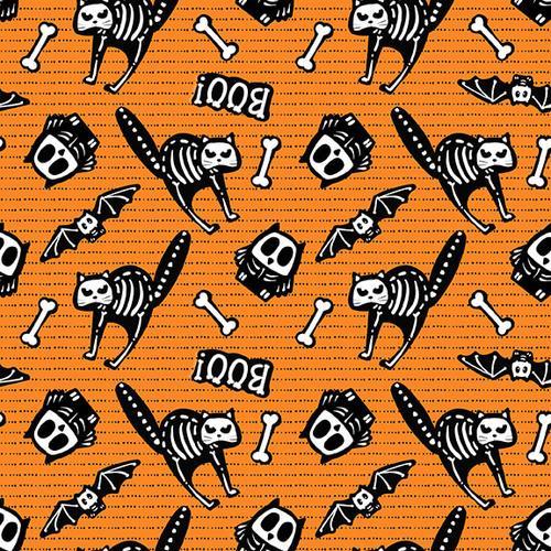 Tossed Bones Orange Background - Glow In the Dark Fabric | Fabric Design Treasures