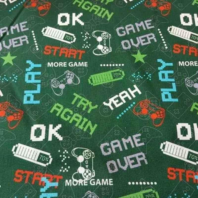 Video Game Fabric, Video Game Text on Green Fabric | Fabric Design Treasures