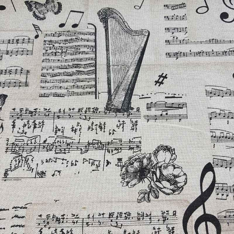 Violin & Music Notes Cotton Canvas in Black and Cream | Fabric Design Treasures