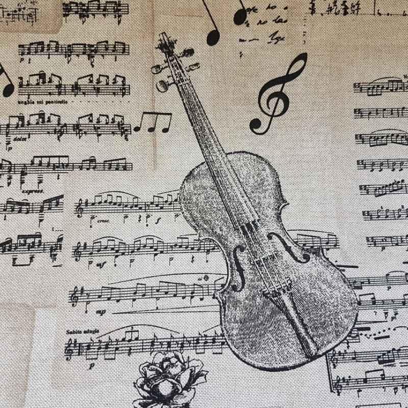 Violin & Music Notes Cotton Canvas in Black and Cream | Fabric Design Treasures