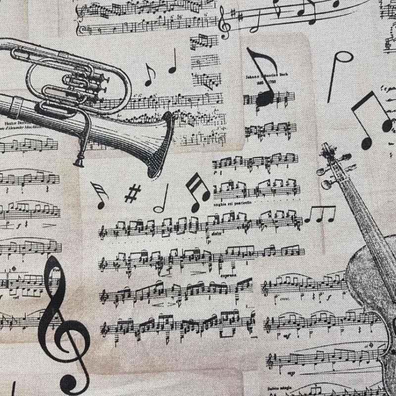 Violin & Music Notes Cotton Canvas in Black and Cream | Fabric Design Treasures