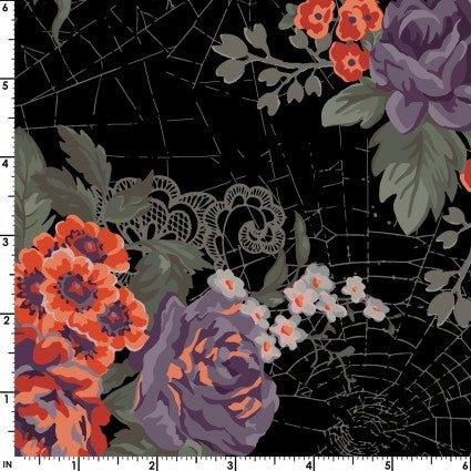 Web of Roses Metallic Florals on Black | Fabric Design Treasures