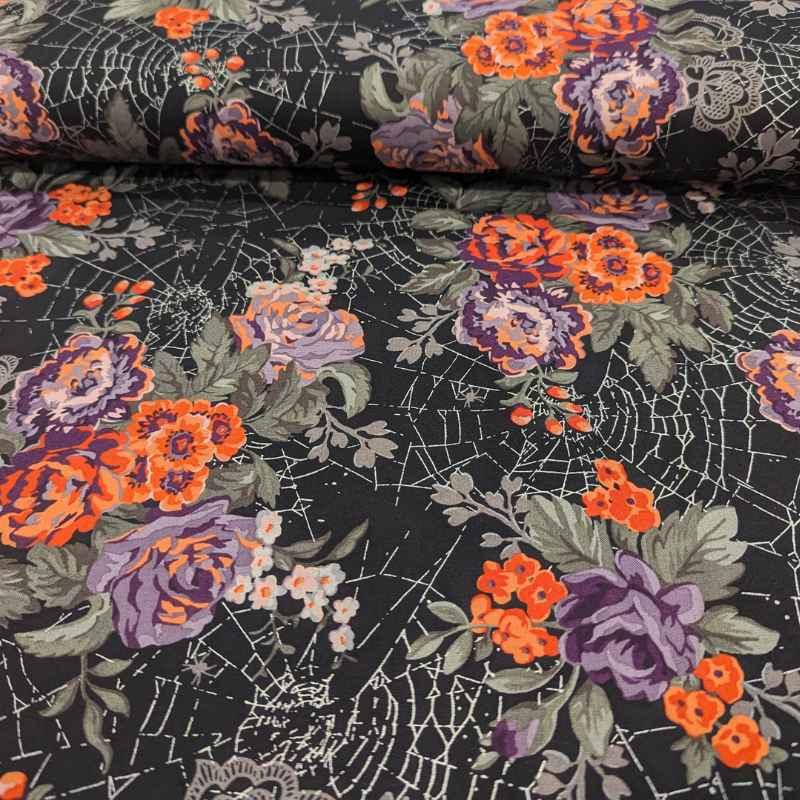 Web of Roses Metallic Florals on Black | Fabric Design Treasures