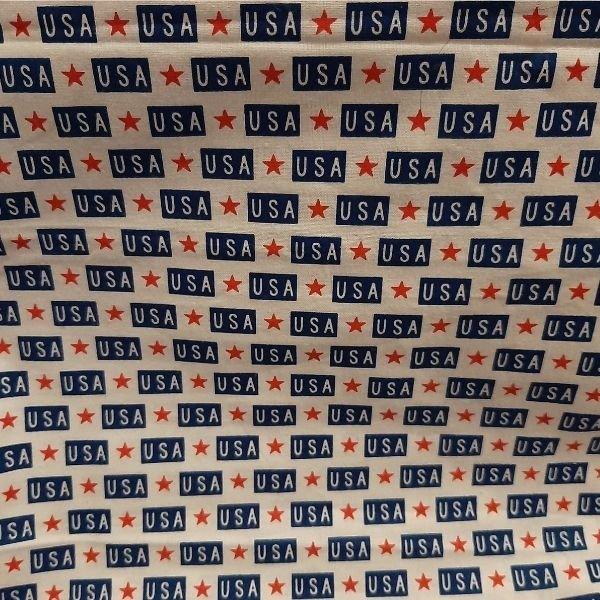 White "USA" in Blue Block and Red Stars on White | Fabric Design Treasures