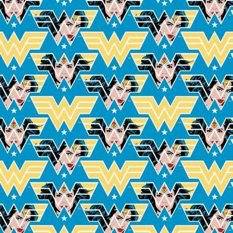 Wonder Woman Fabric Blue DC Comics Justice League Logo Face | Fabric Design Treasures